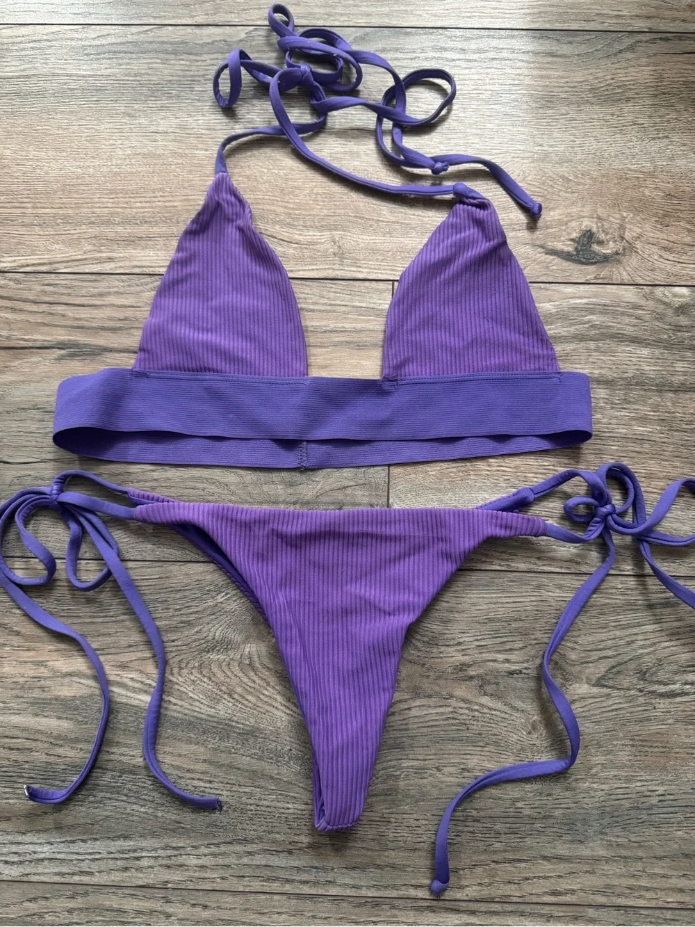Frankie's Bikinis Purple Ribbed Triangle Tie-Side Bikini